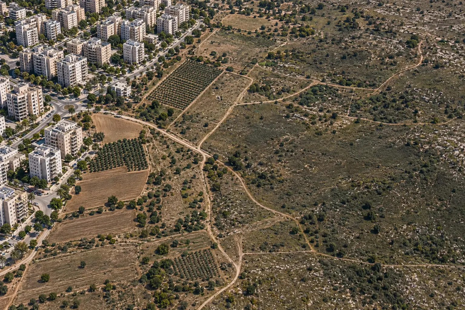 המחשה אווירית של קרקע פנויה לצד שכונת מגורים ישראלית בבנייה רוויה